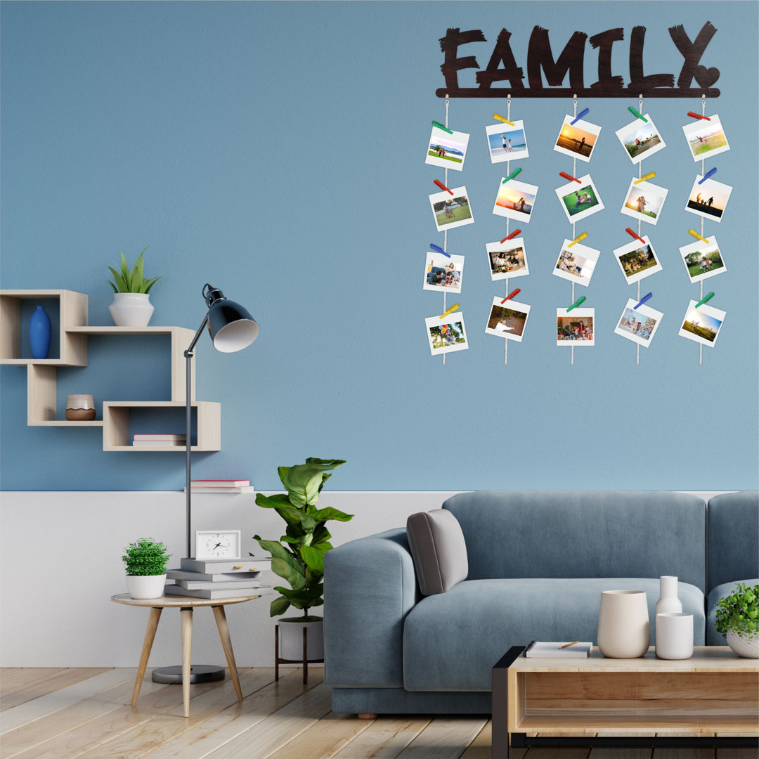 Family MDF Cutout Photo Display Wall Hanging with Clips & Rope for Decorative