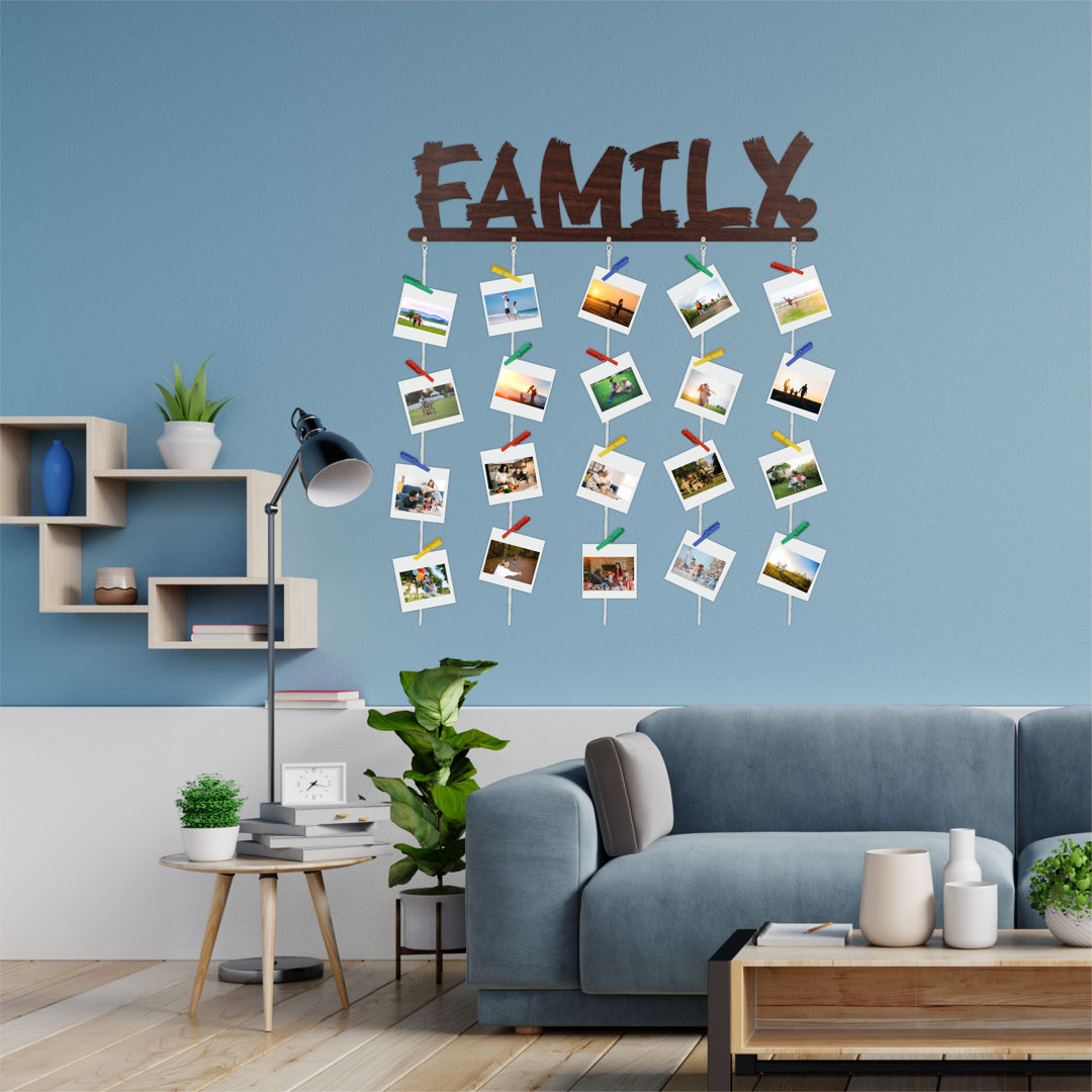Family MDF Cutout Photo Display Wall Hanging with Clips & Rope for Decorative