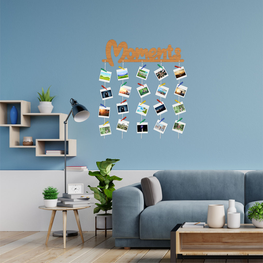 Moment MDF Cutout Photo Display Wall Hanging with Clips & Rope for Decorative